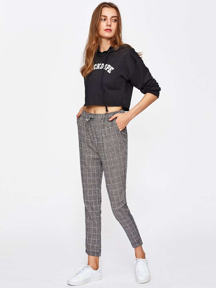 Checked Drawstring Waist Pants - Grey - View 3
