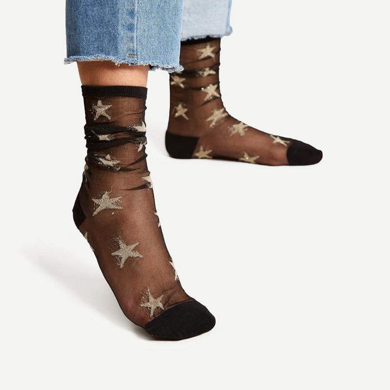 

Star Pattern Mesh Ankle Socks, Black