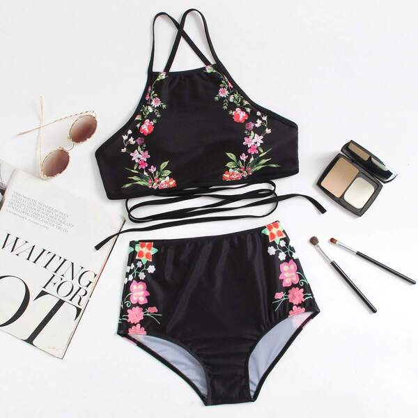 

Criss Cross Floral Top With High Waisted Bikini, Black