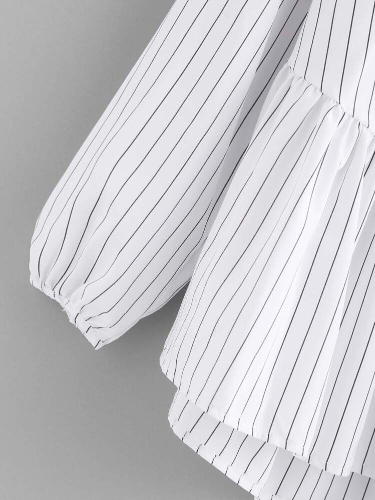 Frill Hem High Low Pinstriped Blouse - Black and White - View 4