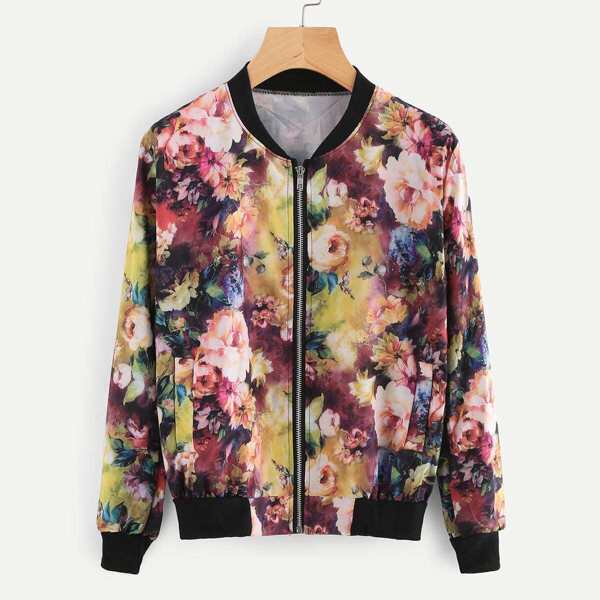

Contrast Ribbed Trim Florals Jacket