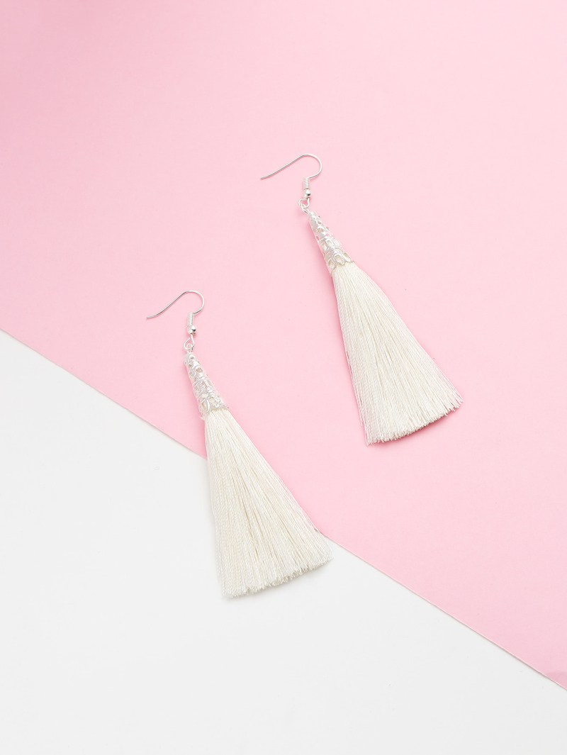 

Long Tassel Hook Earrings, White
