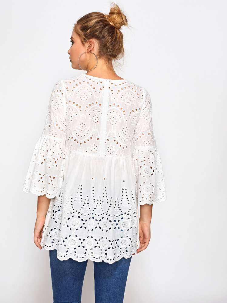 SHEIN Eyelet Embroidered Scallop Trim Smock Blouse - White - View 4