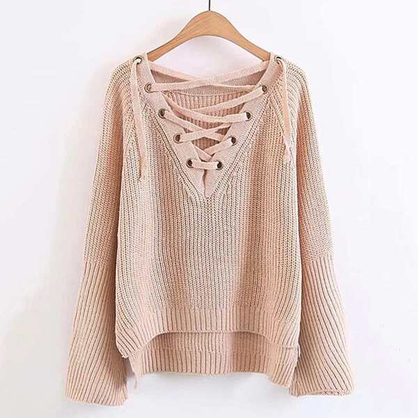 

Eyelet Lace Up V Neck High Low Sweater