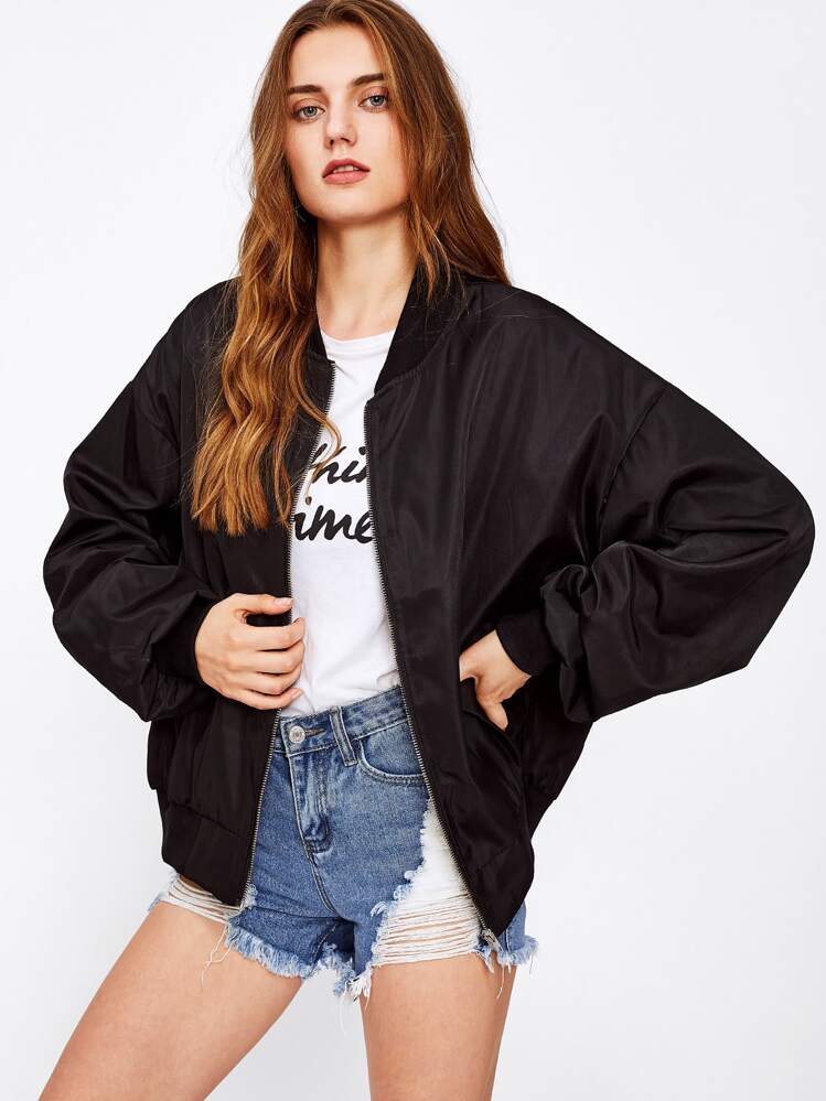 Patch Back Ribbon Detail Oversized Bomber Jacket - Đen và trắng - Xem 5