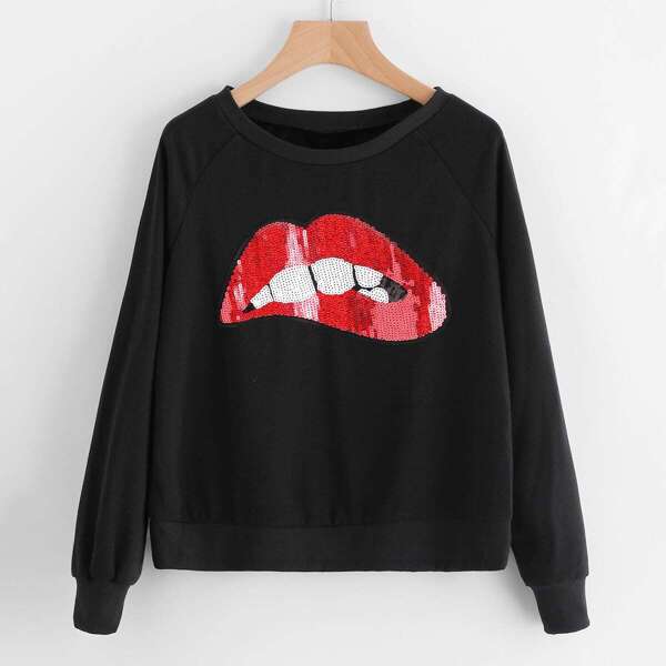 

Sequin Lip Patch Raglan Sleeve Sweatshirt, Black