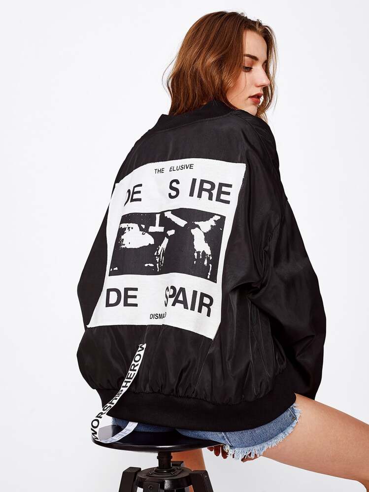 Patch Back Ribbon Detail Oversized Bomber Jacket - Đen và trắng - Xem 2