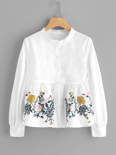 Flower Embroidered Smock Blouse