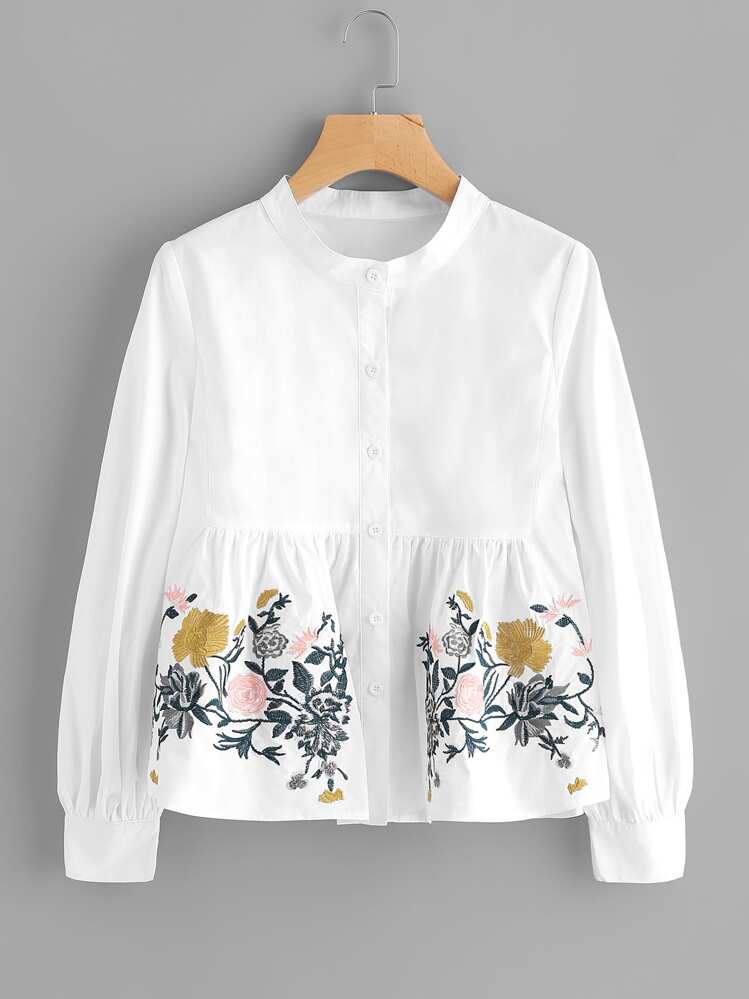 SHEIN Flower Embroidered Smock Blouse - White - View 1