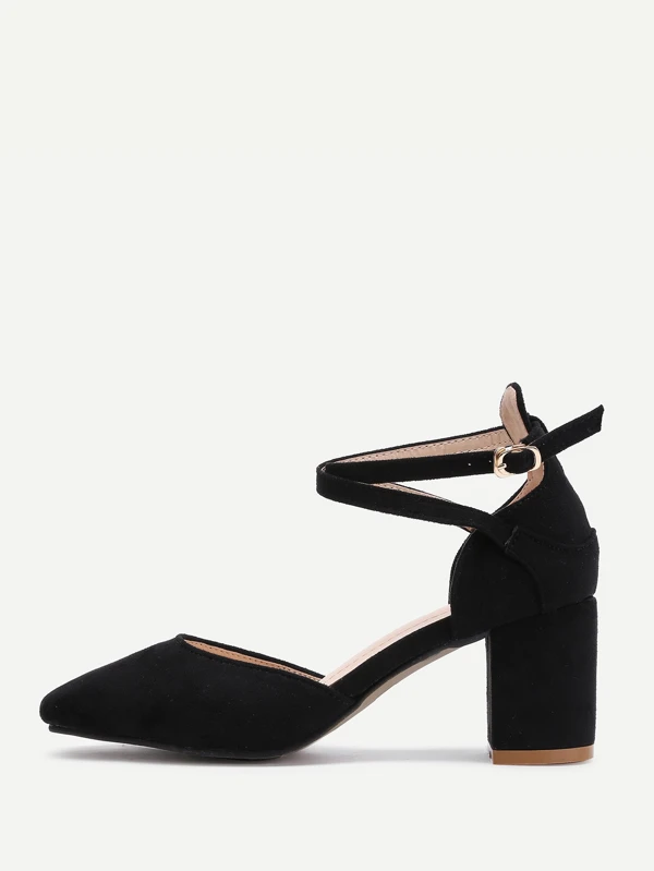 ankle strap pointed toe block heels