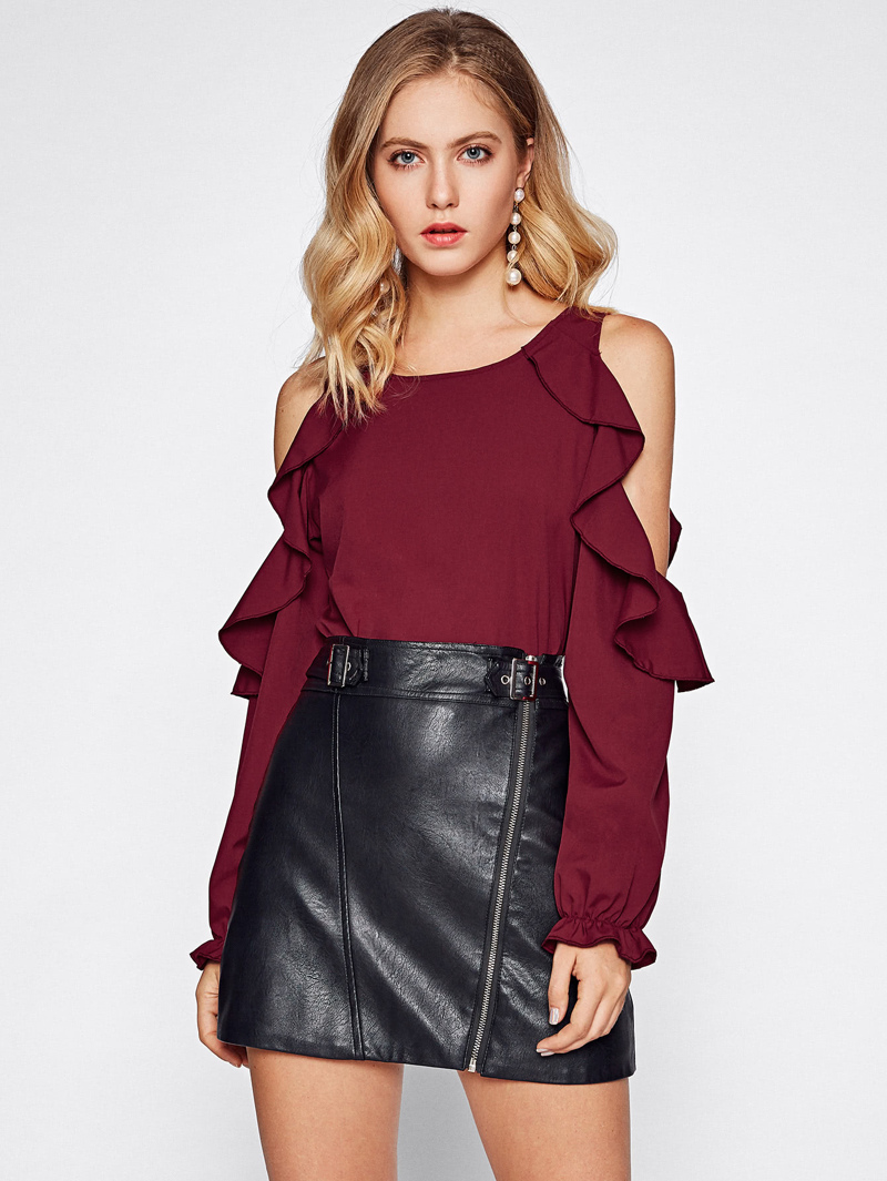 

Open Shoulder Frill Trim Blouse, Burgundy