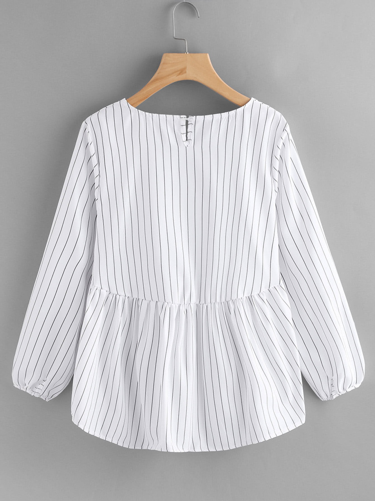 Frill Hem High Low Pinstriped Blouse - Black and White - View 2