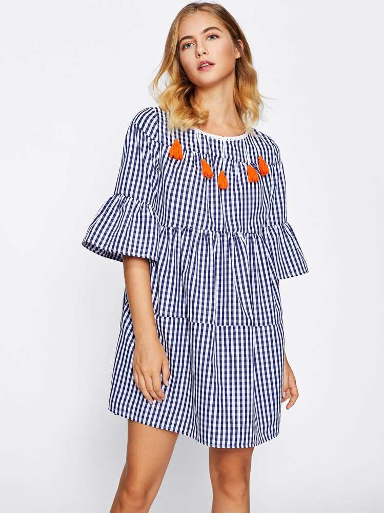 SHEIN Tassel Tied Open Back Tiered Gingham Dress - Blue - View 2