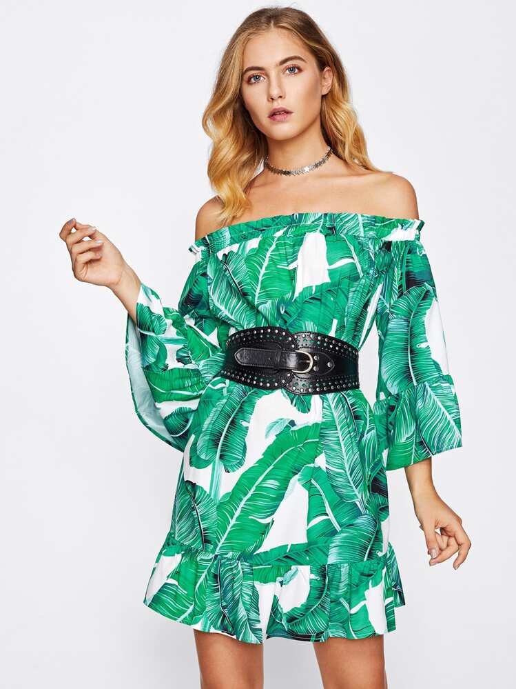 Frill Bardot Jungle Print Dress - Multicolor - View 5
