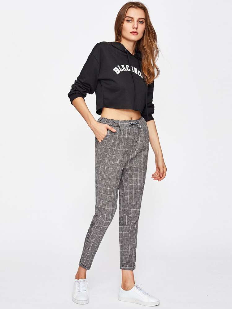 Checked Drawstring Waist Pants - Grey - View 4
