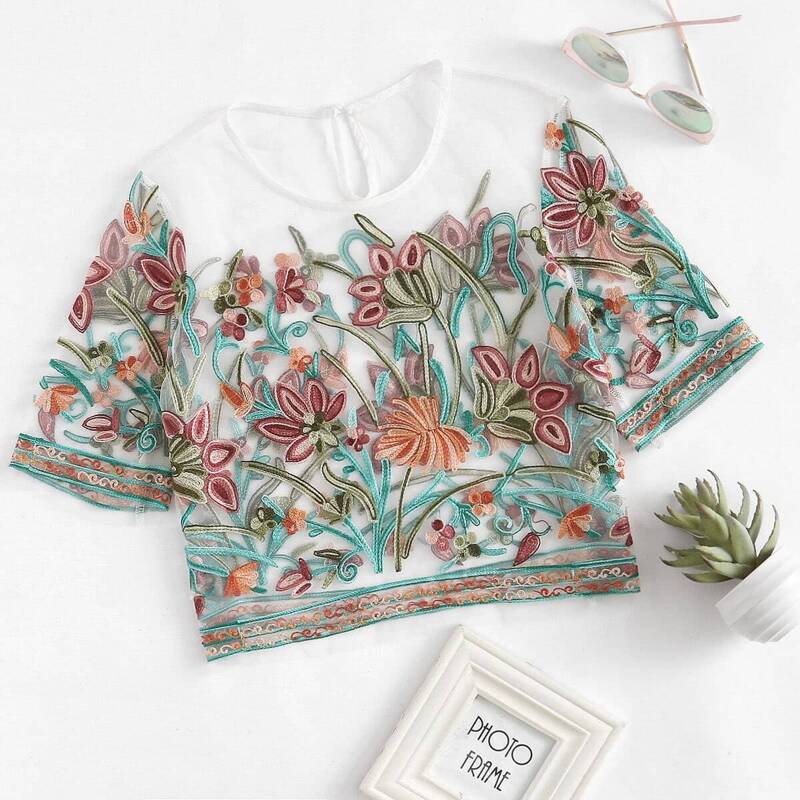 

Buttoned Keyhole Botanical Embroidered Mesh Top, Multicolor