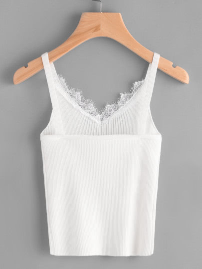細肩帶針織蕾絲邊修身背心 - 白色 - 查看 2