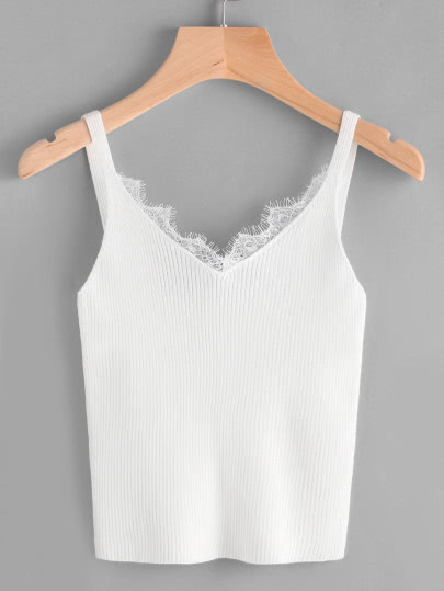 細肩帶針織蕾絲邊修身背心 - 白色 - 查看 1