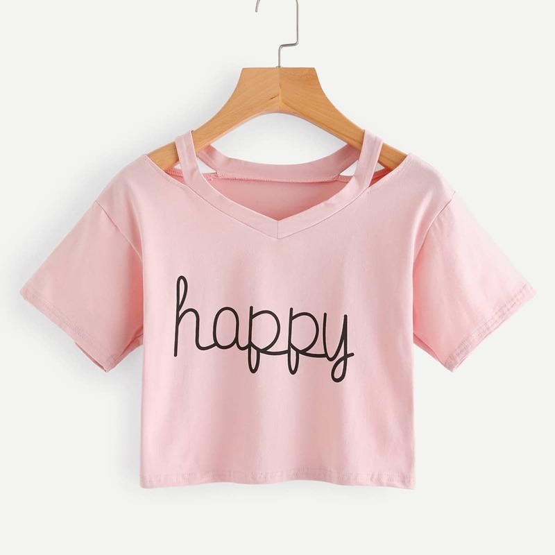 

Cut Out Neck Letter Print Crop Tee, Pink
