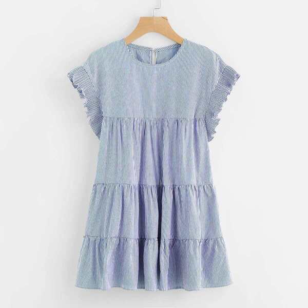 

Vertical Striped Tiered Peasant Frill Dress, Blue