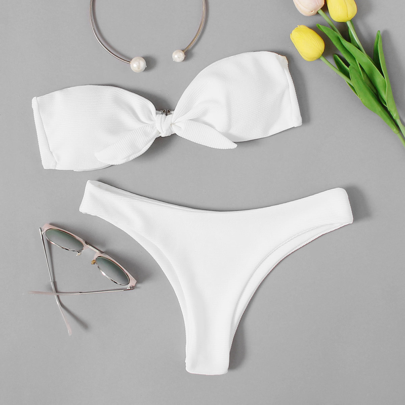 

Knot Front Bandeau With High Leg Bikini, White
