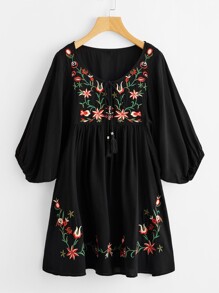 Tasseled Tie Neck Lantern Sleeve Embroidered Smock Dress