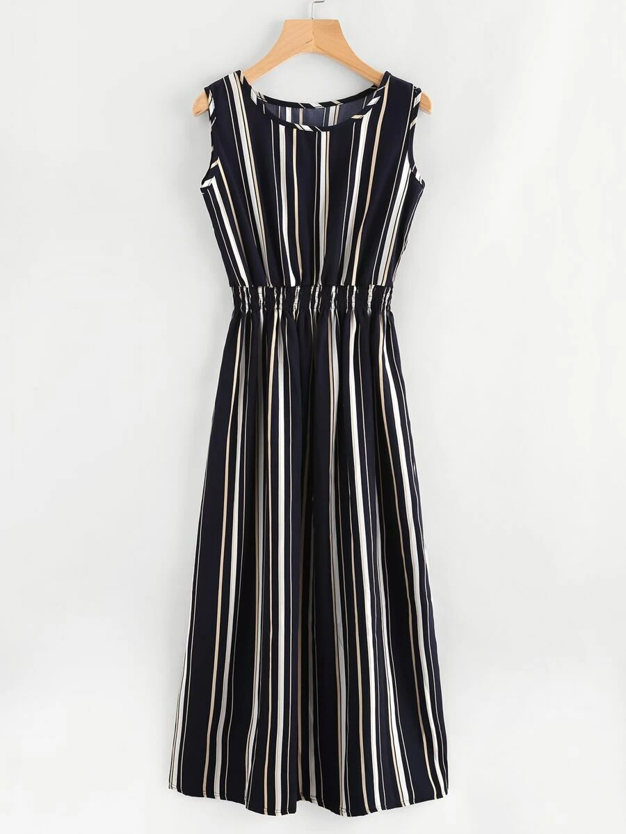 SHEIN LUNE Barcode Stripe Shirred Waist Dress | SHEIN USA