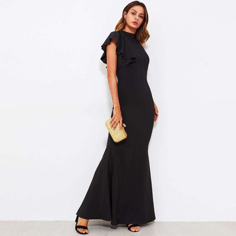 

Flounce Shoulder Fishtail Prom Dress, Black