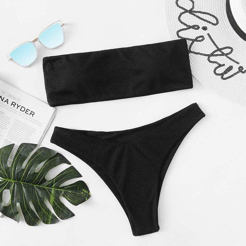 

Bandeau Top With High Leg Pointelle Bikini Set, Black