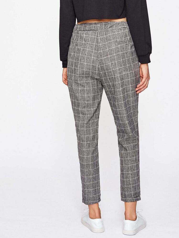 Checked Drawstring Waist Pants - Grey - View 2
