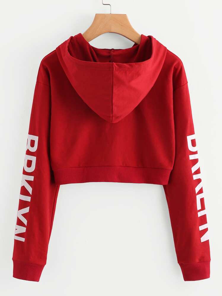 Letter Print Crop Hoodie - Red - View 4