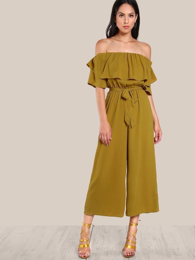 SHEIN Ruffle Off Shoulder Self Tie Culotte Jumpsuit - Mustard Yellow - View 1