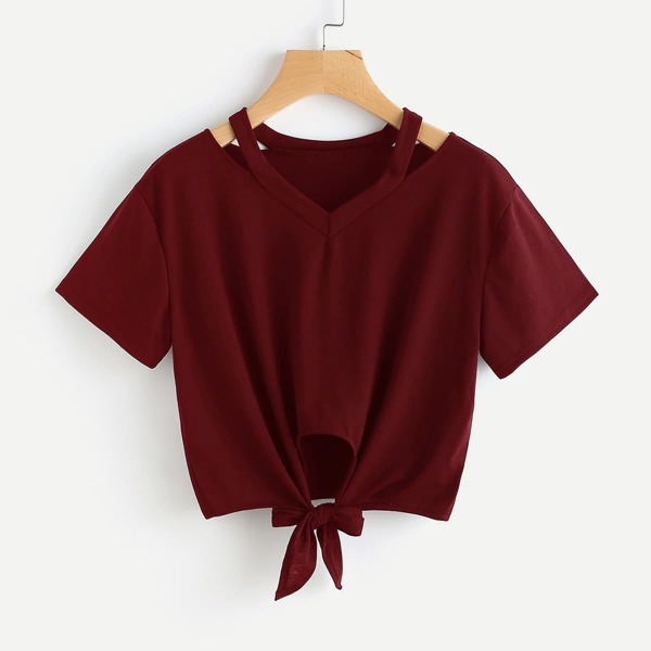 

Cut Out V Neck Knot Front Tee