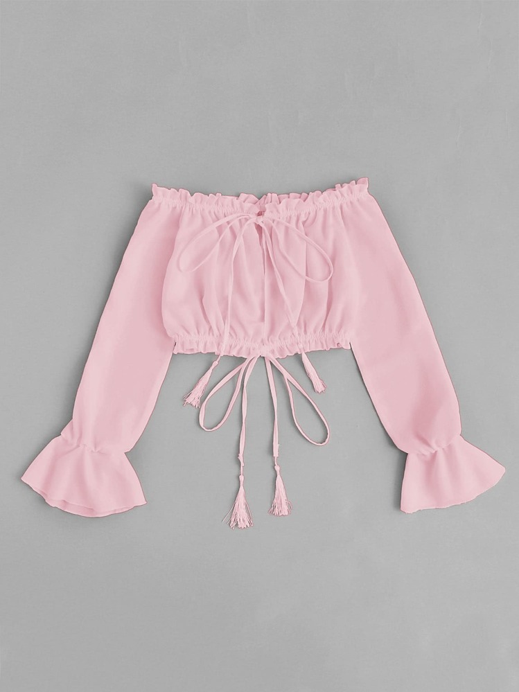 Off Shoulder Drawstring Split Front Blouse - Pink - View 5