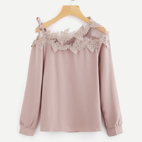 

Mesh Panel Crochet Appliques Asymmetric Cold Shoulder Blouse, Dusty pink