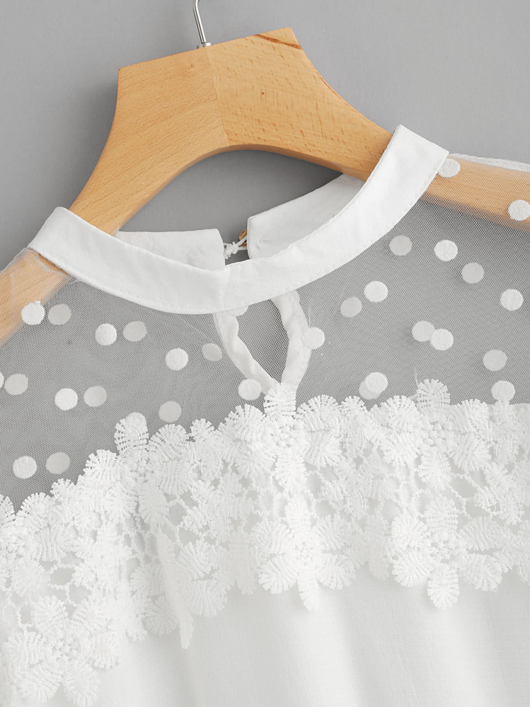 Dot Mesh Panel Crochet Appliques Blouse - White - View 3