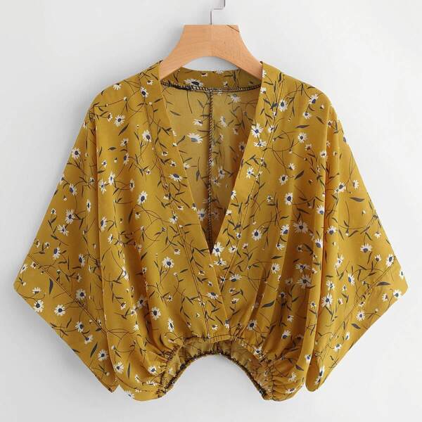 

Calico Print Kimono Sleeve Surplice Blouse, Multicolor