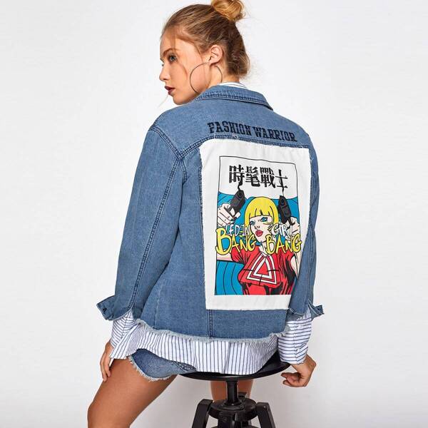 

Comic Graphic Patch Back Distressed Denim Jacket, Blue