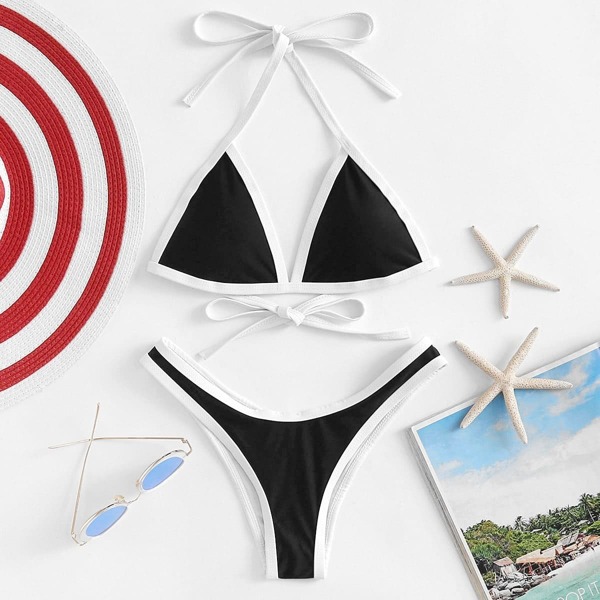 

Backless Halter Top With Contrast Trim Bikini Set
