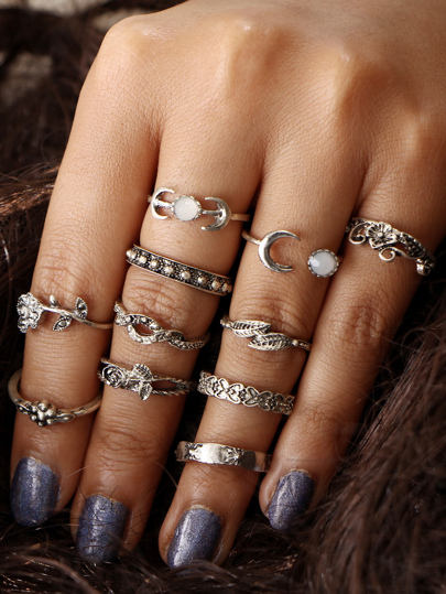 Flower And Leaf Design Ring Set 11pcs