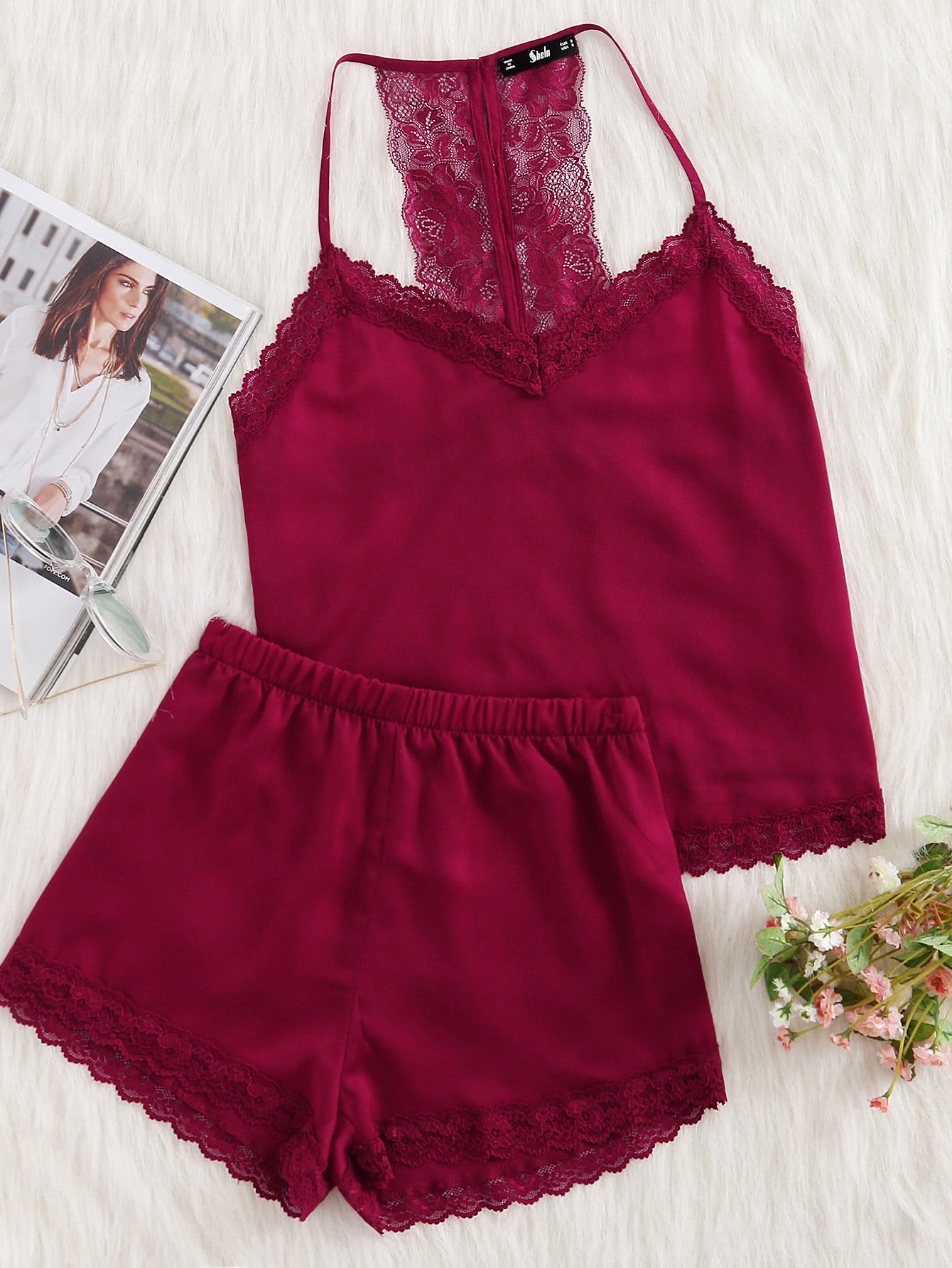 Lace Racerback Cami And Shorts Pajama Set | MakeMeChic.COM