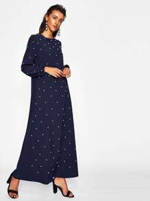 Pearl Beading Keyhole Back Bishop Sleeve Dress