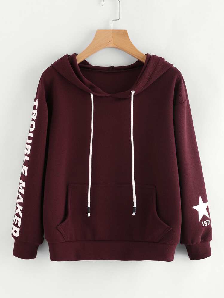 Letter Print  Pocket Hoodie - Burgundy - View 1
