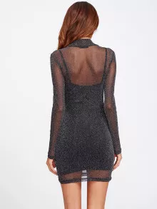 SHEIN Glitter Mesh Overlay 2 In 1 Dress - Dark Grey - View 2