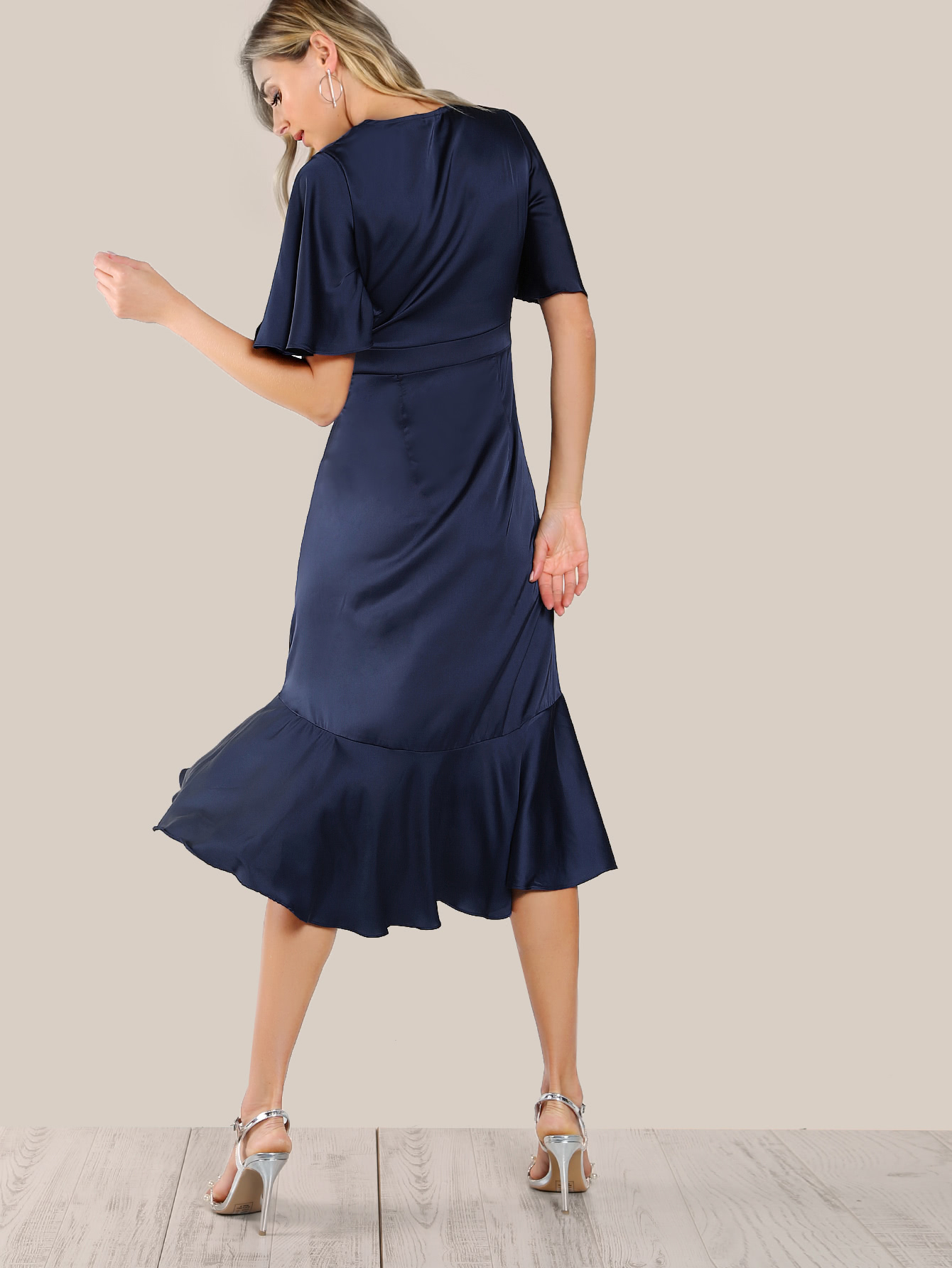 Ruffle Hem Satin Wrap Tie Dress -SheIn(Sheinside)