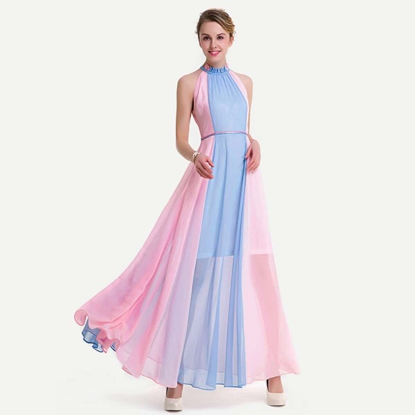 

Two Tone Frill Trim Keyhole Back Chiffon Dress, Multicolor