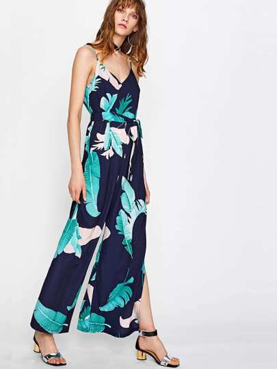 palm leaf print v back slit cami jumpsuit