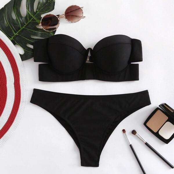 

Underwire Bustier Top With High Leg Bikini Set, Black