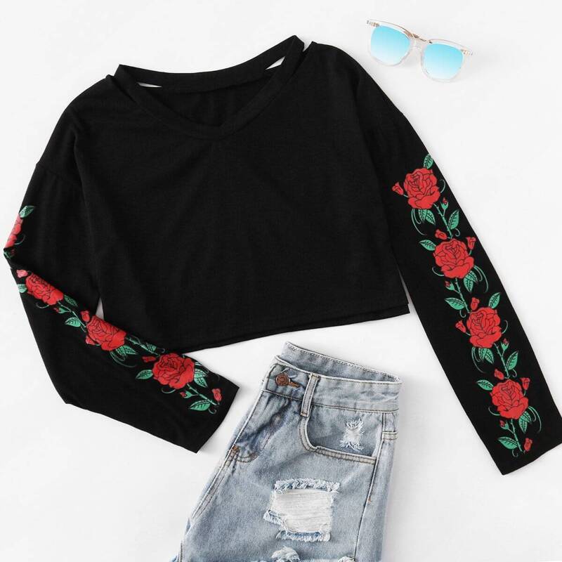 

Rose Print Sleeve Cutout Neck Tee, Black