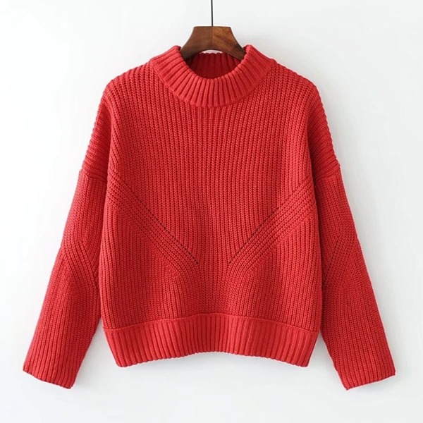 

High Neck Ribbed Knit Sweater, Red
